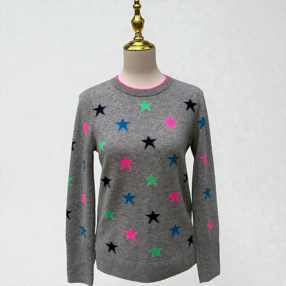 Halogen Sweater Sz‎ XS 100% Cashmere Gray Stars Twee Preppy Crew Neck Casual